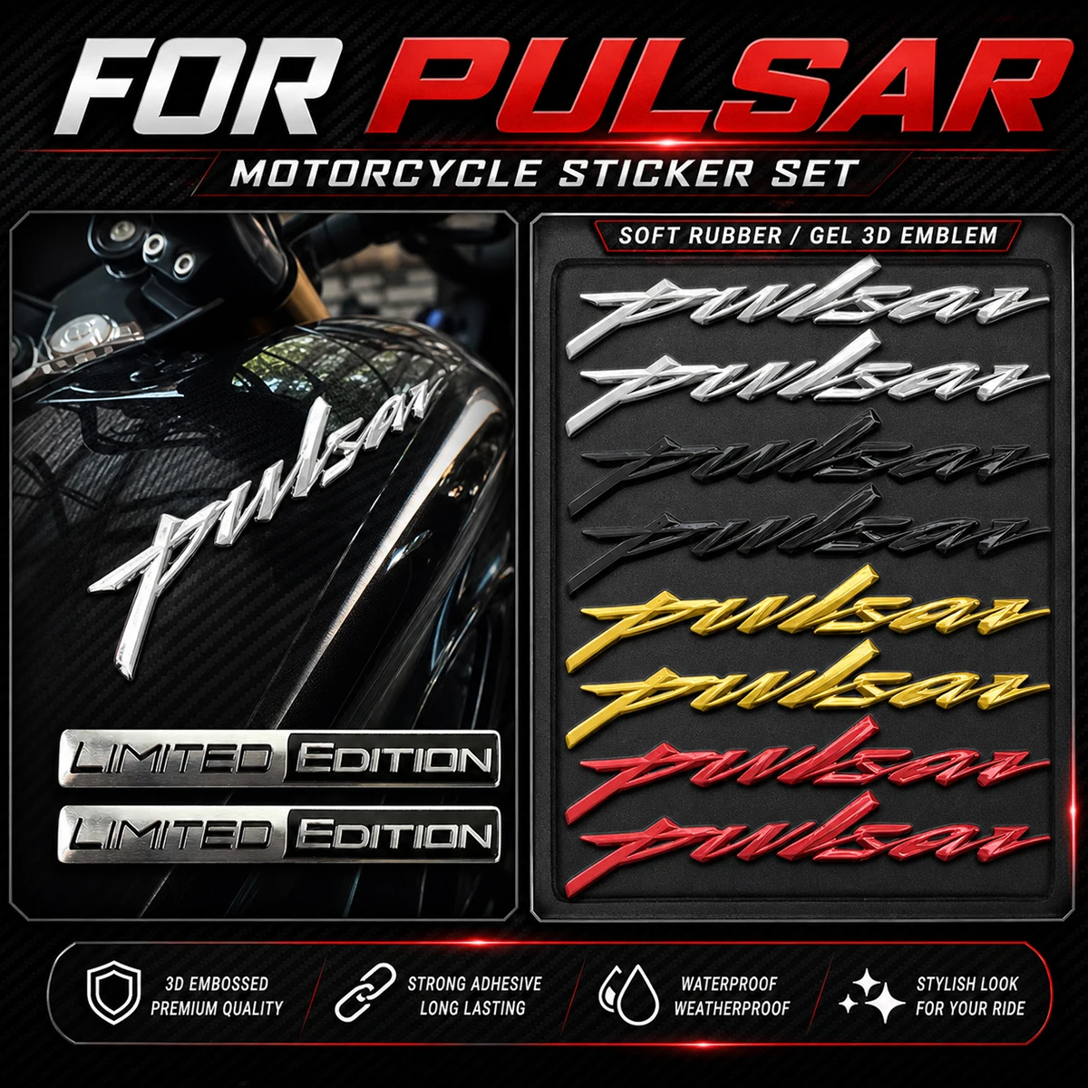 Für Bajaj Pulsar RS 200 NS200 N250 NS 125 150 160 180 3D Weiche Emblem-Aufkleber Motorrad-Aufkleber Moto-Karosserie-Logo-Aufkleber Zubehör