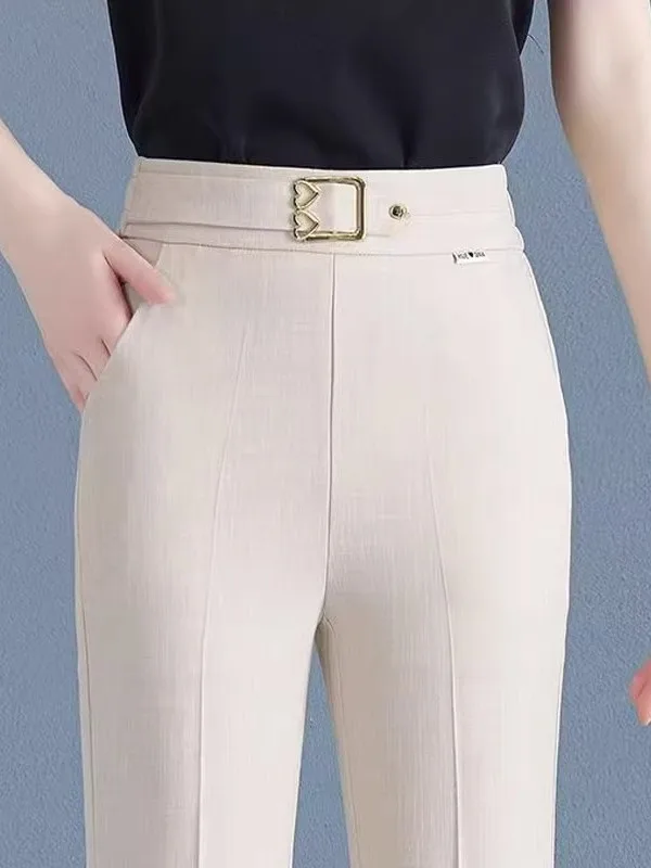 High Waist Cotton Linen Bell Bottom Pants Women's Summer New Ice Silk Thin Casual Small Size Suit Pants Korean Style Commute
