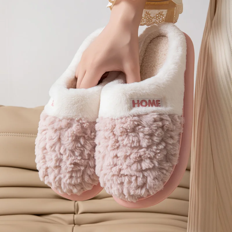 Winter Men's Comfy Plush Indoor Home Slippers Thick Bottom Non-slip Warm Cotton Shoes Couple Plus Size 36-54 Fluffy Men Slides