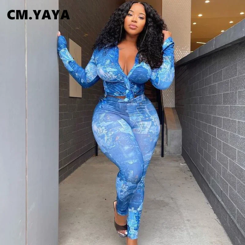 CM.YAYA Women Set Print Full Sleeve plus size Single Top Pencil Pants Two 2 Piece Sets Office Lady Outfit Summer