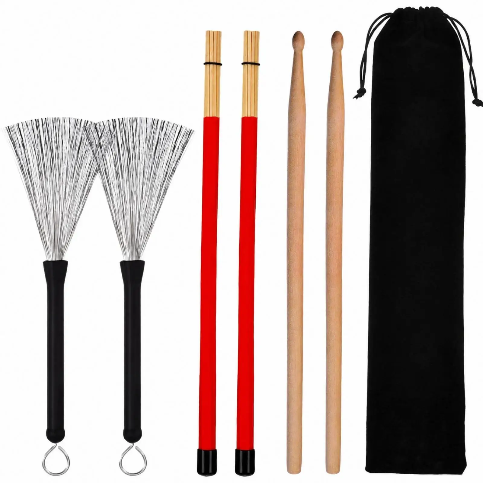Wooden Drumstick and Rod Set Sound Wooden Drumsticks with Rods Versatile Drum Accessory with Storage Pouch for Music Students,
