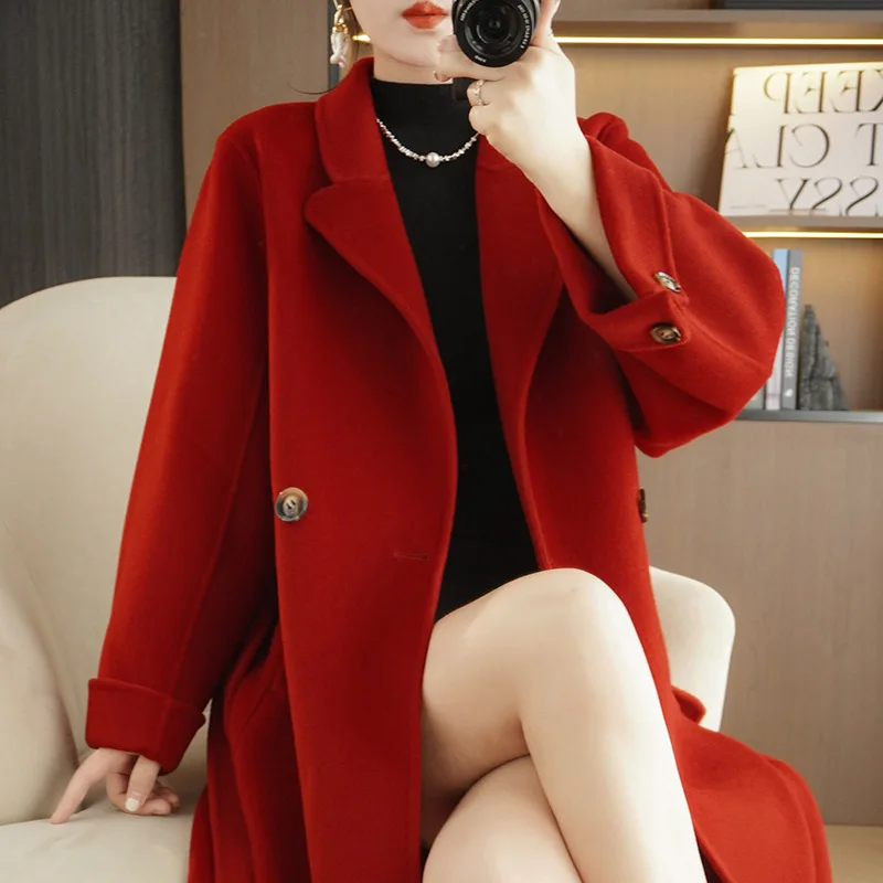 Double-sided pure wool coat for women's winter 2023 new medium and long over-the-knee Korean high-end woolen coat