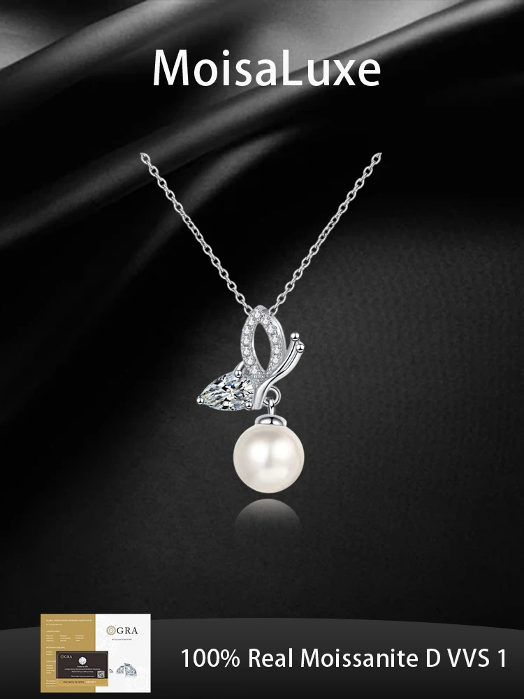 

Официальный магазин MoisaLuxe GRA Moissanite Plata, ювелирные изделия из стерлингового серебра 925 пробы, жемчужное ожерелье с подвеской в виде крыльев бабочки для женщин