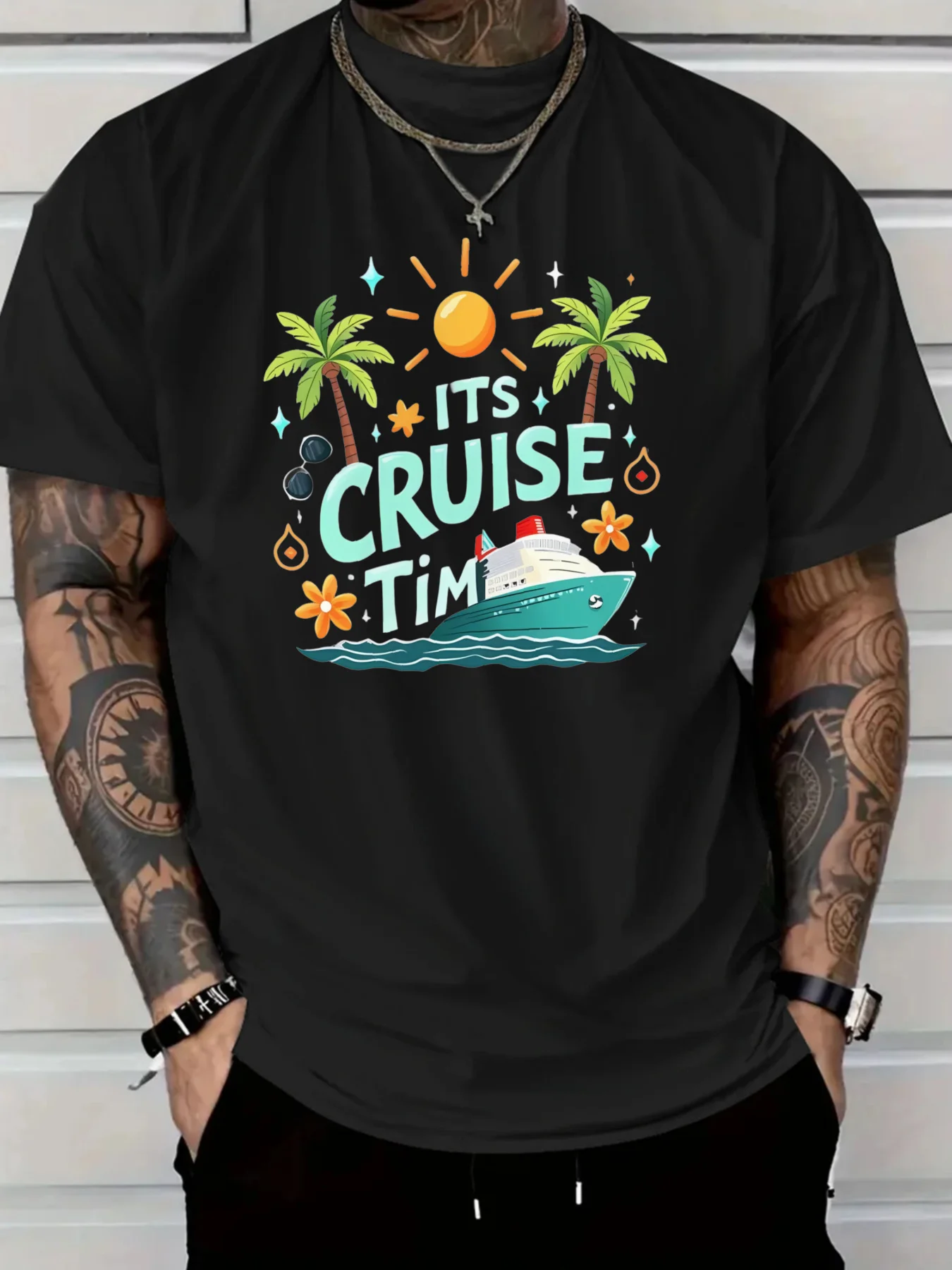 

Мужская повседневная хлопковая футболка с графикой «Это круизное время», яркое солнце, пальмы, дизайн яхты, круглый вырез, декор круизного корабля