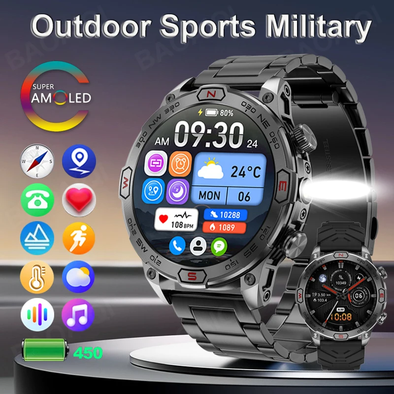 

Flashlight New Smart Watch Outdoor Sport Compass 1ATM Waterproof Watch Men Bluetooth Call Smartwatch GPS Track Clock For Android