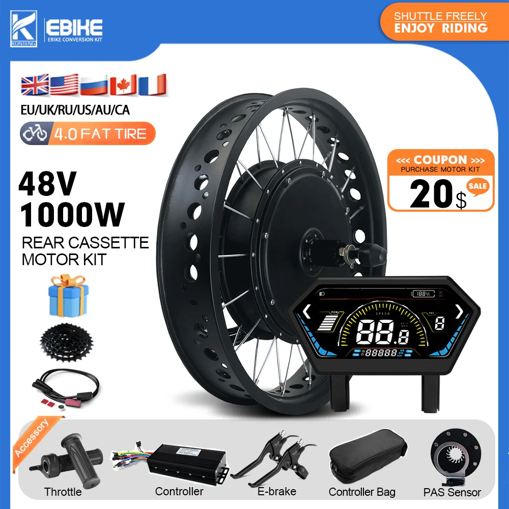 

EBike Fat Tire Conversion Kit 48V 1000W Rear Cassette Hub Motor Wheel dropout 170/190mm for Snow Electric Bike Conversion Kit