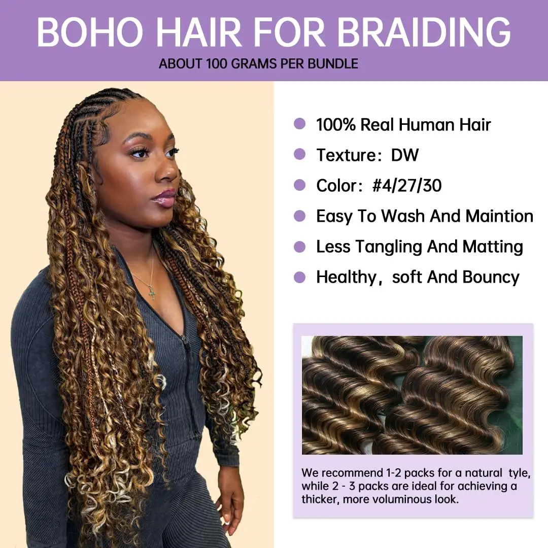 Boho Braids Hair for Black Women Human Braiding Hair 100 Grams 18 Inches 20 Inches Deep Wave Human Bulk Hair Bundles