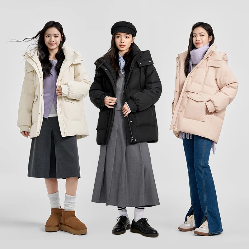 Chericom Women's Down Jacket Stand-up Collar Removable Hood Placket Two-Way Zipper Insert Pockets Warm Winter Outerwear Y308109Y