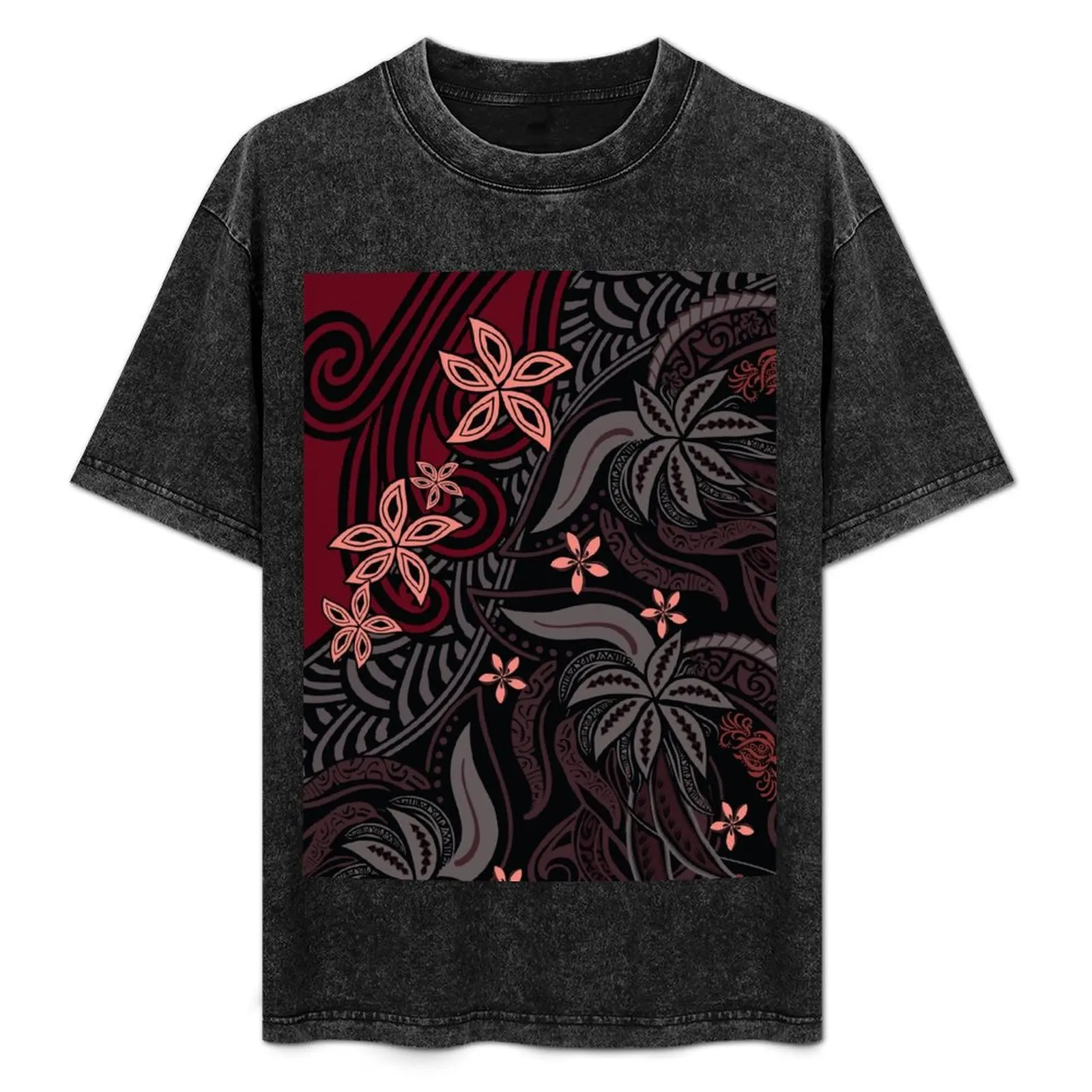 

Polynesian - Hawaiian - Samoan Red Tribal Floral T-Shirt No Iron Casual Short Sleeve Top