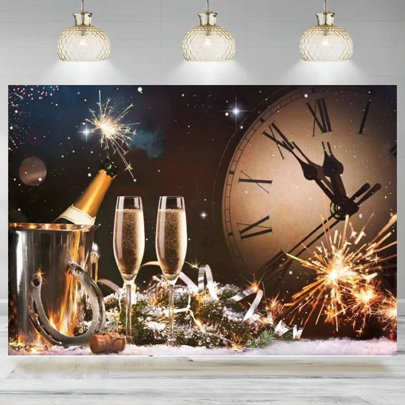 New Year 2025 Backdrop Golden Black New Year Eve Banner Champagne Wine Fireworks Countdown Clock Background Photographic