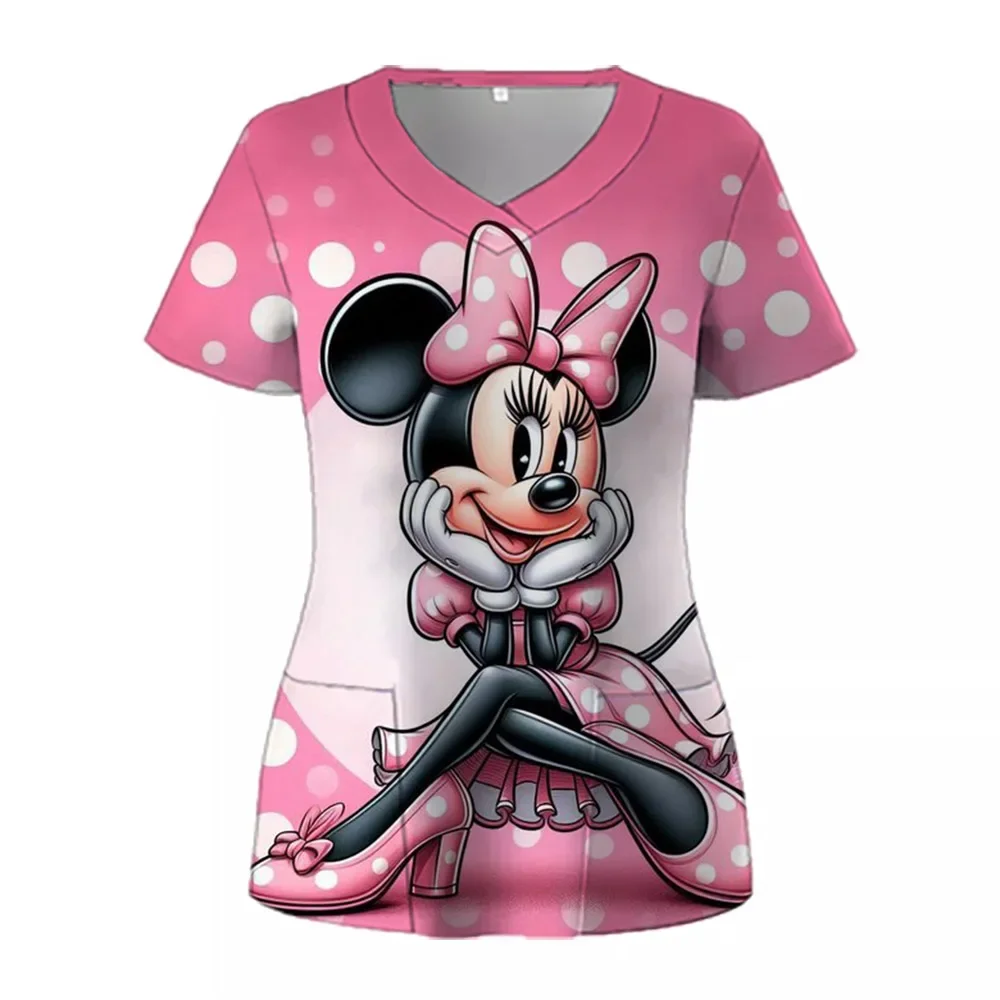 T Shirts Minnie Mouse T-shirts V Neck Woman Clothes Hospital Tops Disney Top Women 2025 Nurse Uniform T-shirt Pocket Summer Tees
