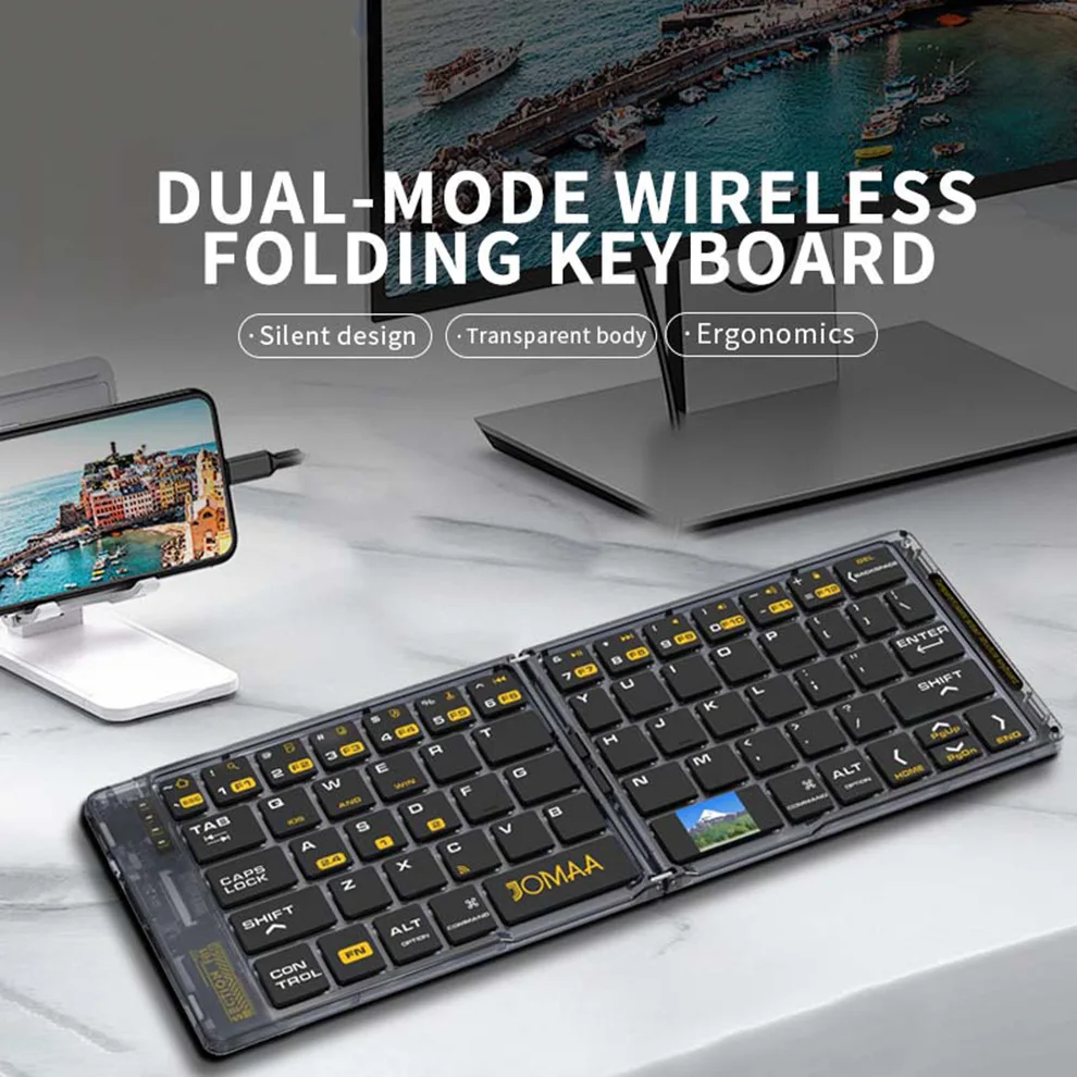 Rechargeable Bluetooth5.1&2.4G Wireless Keyboard Mouse Combo,Foldable 68 Key Wireless Transparent Keyboard Set for Window/Mac OS