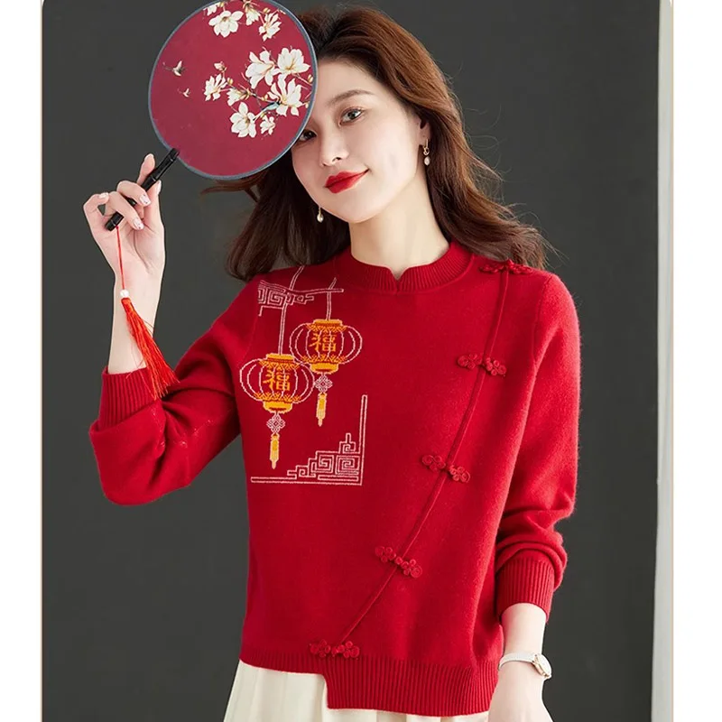 Female Clothing Chinese Style Sweaters Vintage Jacquard Knitted Pullovers Autumn Winter Temperament Elegant Chic Button Tops