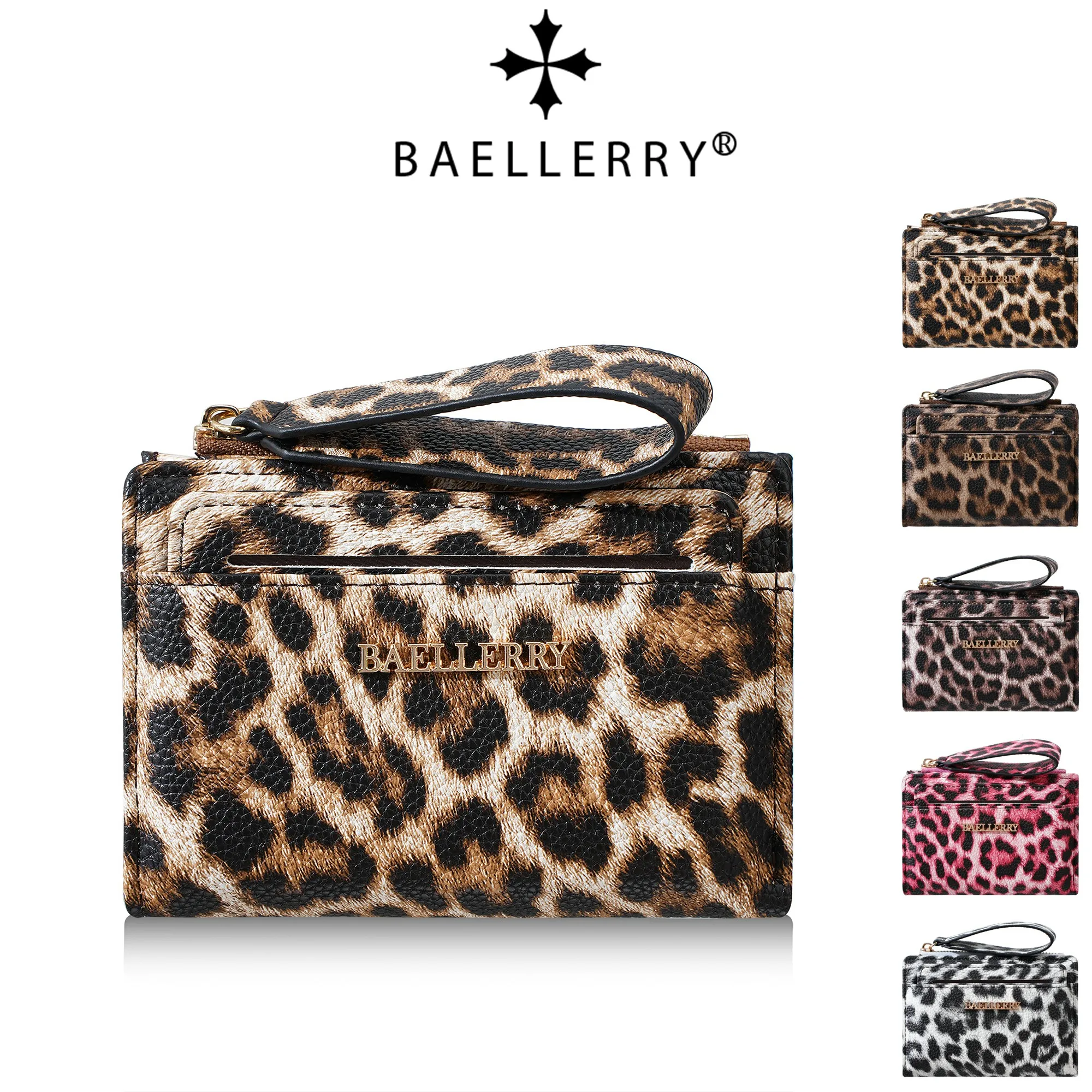 1 Stück - BAELLERRY Damen-Kurzgeldbörse mit Leopardenmuster, Kurzgeldbörse aus PU-Leder, inklusive abnehmbarer Handgelenkschlaufe, Kartenhalter mit mehreren Kartenfächern, Ausweisfenster und Reißverschluss-Münzfach. – Detail 5