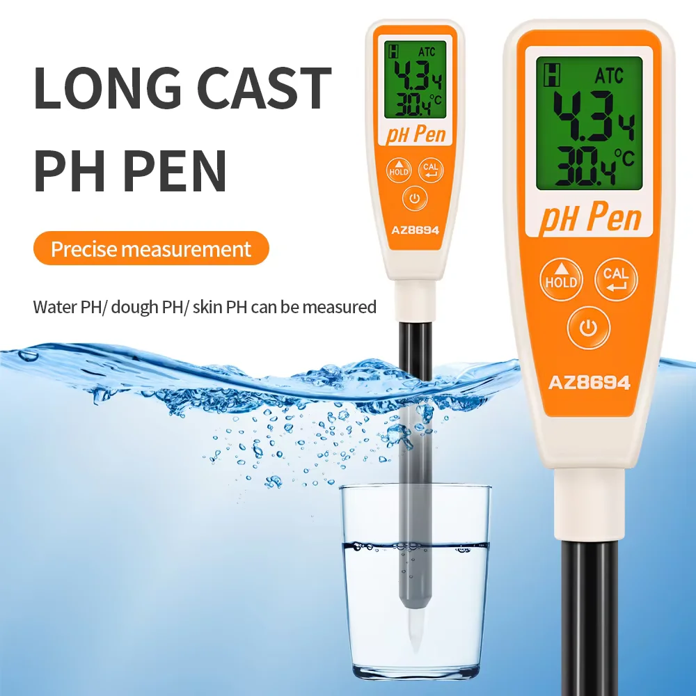 AZ8694 long rod pointed glass PH meter with temperature sensing function to measure pH into or inserted into semi-solid objects