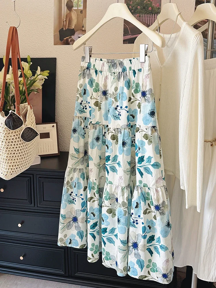 

Floral Print Sweet Long Skirts Women 2025 Summer New Elastic Waist Casual Retro A-Line Skirt High Waist Skirt