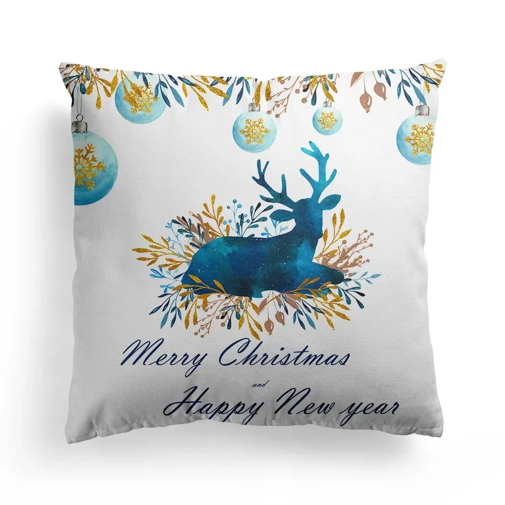 Christmas Western Blue Watercolor Elk throw pillow cover with short plush print for living room sofa decoration cushion cover