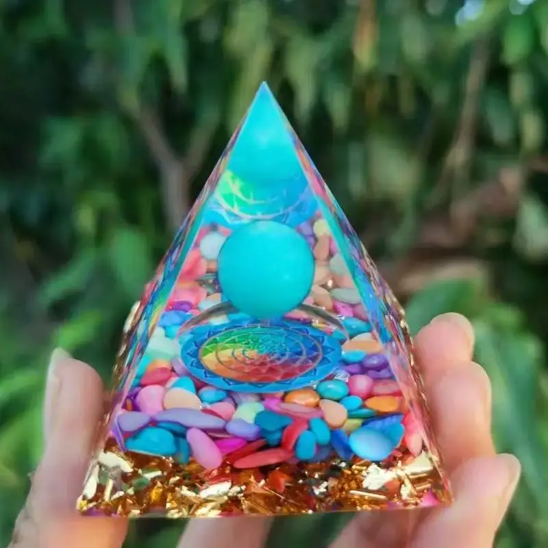 8cm Natural Stone Orgonite Blue Planet,Pyramid Crystals Orgone Energy Generator, Healing Reiki Chakra Meditation Ornaments