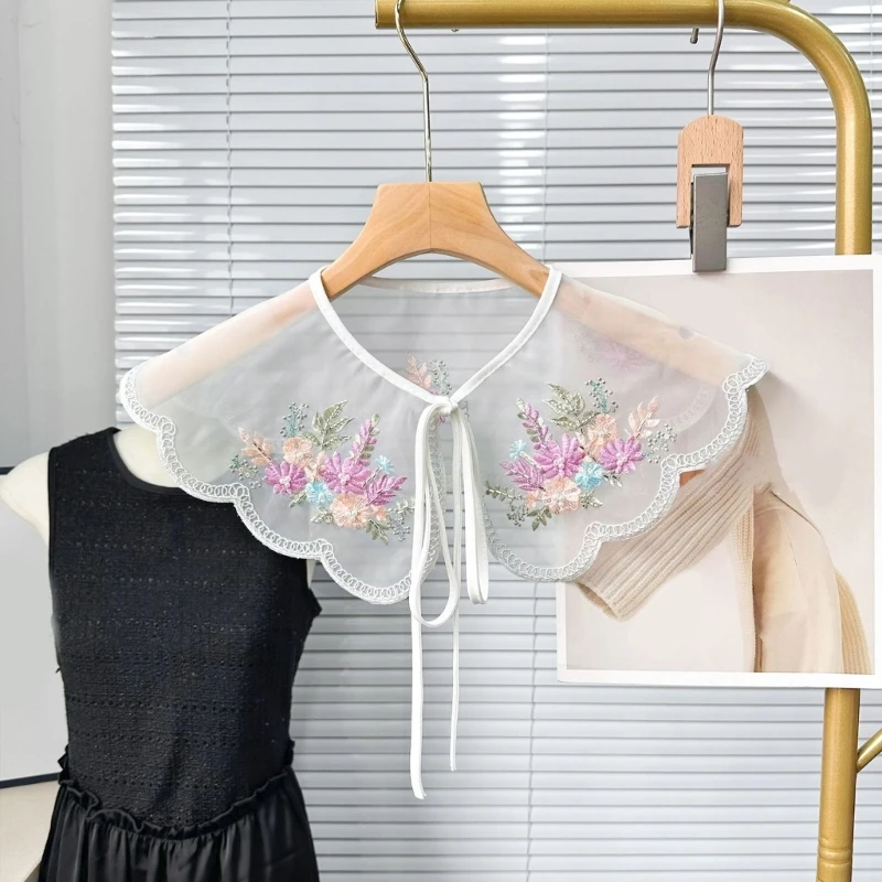 Sheer Organza Detachable Faux Collar with Colorful Floral Embroidered and Beaded Dropship