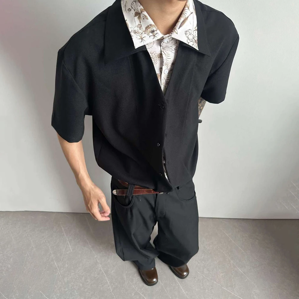 2026 Summer New Men's Patchwork Short-Sleeve Shirt American Retro Fashion Trendy High Street Loose Casual Niche Men's Top