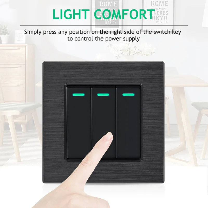 

EU black aluminum alloy brushed wall light switch, French socket, 1 2 3gang2way wall light switch, with USB charging wall socket