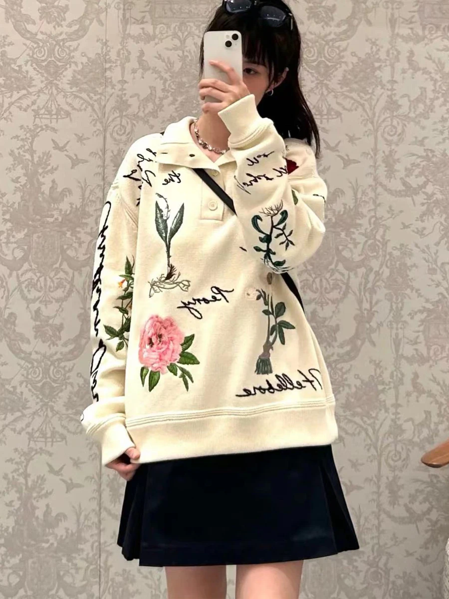 Embroidery Rose Letters Knitted Sweater Pullovers Women Stand Collor Long Sleeve New In Clothes Chic Tops Autumn Winter 2024 Y2k