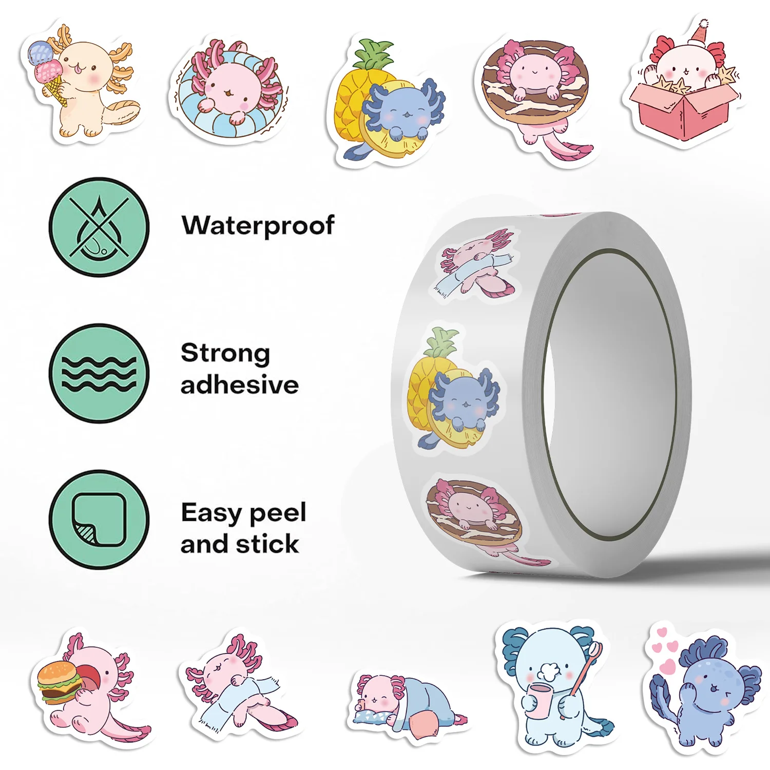 500Pcs/Set Cute Axolotl Stickers Roll - 10 Designs Kawaii Cartoon Sea Monster Decals for Kids Water Bottle Laptop DIY Crafts
