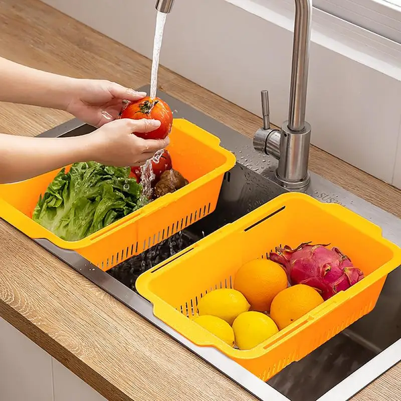 Kitchen Drainer Basket Extendable Strainer Basket Sink Colander Basket Double-Layer Kitchen Supplies Adjustable Drainer Basket