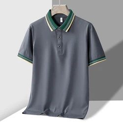 Summer Men's Clothing Pullover Button Turn-down Collar Contrast Color Short Sleeve T-shirt Casual Screw Thread Boyfriend Tops