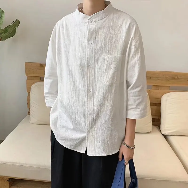 Camisa de lino para hombre, camisa de manga corta con cuello levantado, suelta, de algodón fino, Top informal, novedad de verano