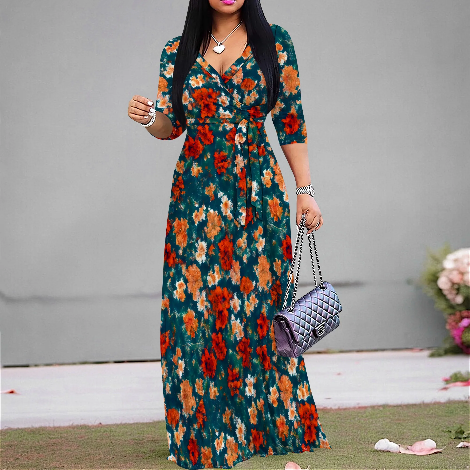 

Women's Floral Wrap Maxi Dress, V-Neck 3/4 Sleeve A-Line Gown with Belt for Party & Casual Wear XS-3XL
