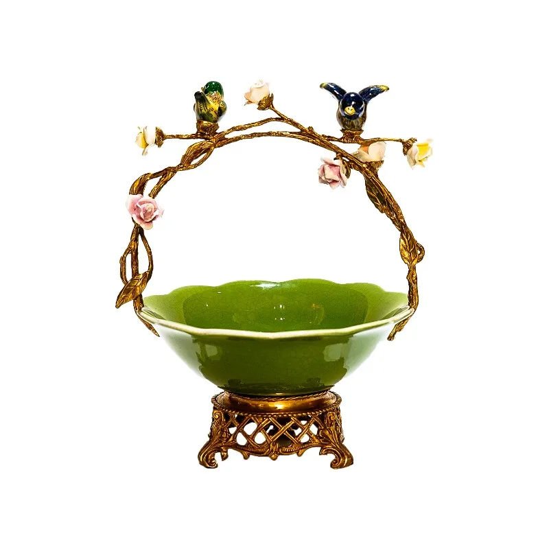 طبق فاكهة أوروبي نحاسي، وعاء فواكه مزخرف لطاولة القهوة، سيراميك الزهور والطيور المنزلية، زخرفة الطاولة