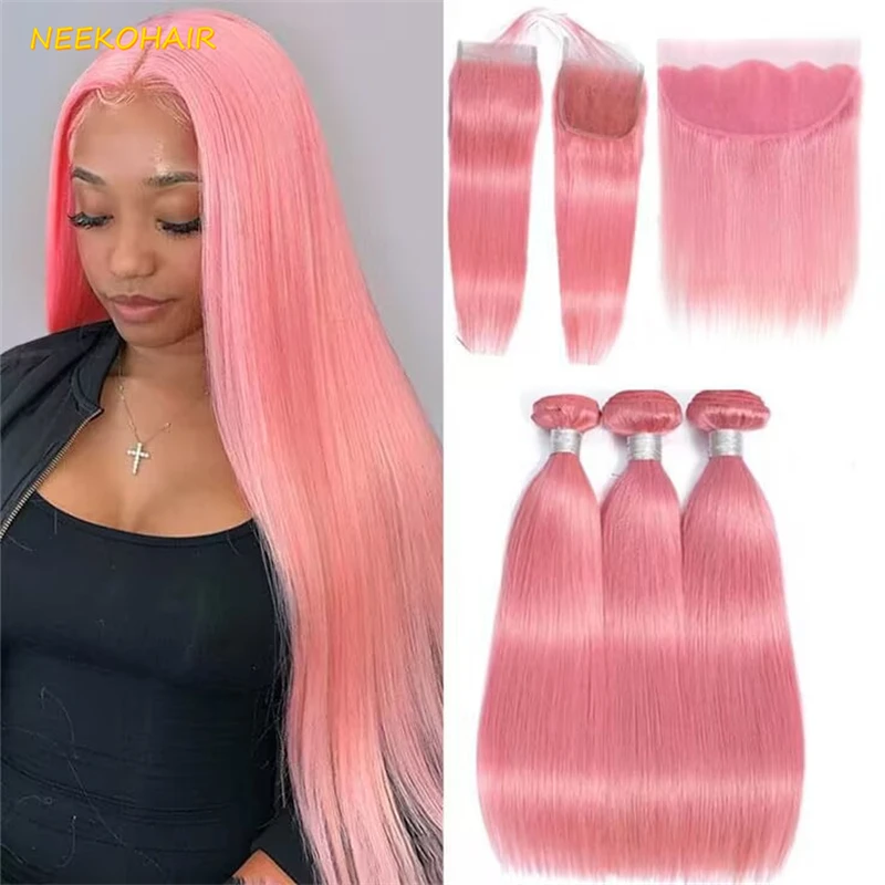 

Pink Colored 4Bundles With 4x4 Closure Weave Straight Remy 100% Brazilian Human Hair Pink Bundles With 13x4 Frontal