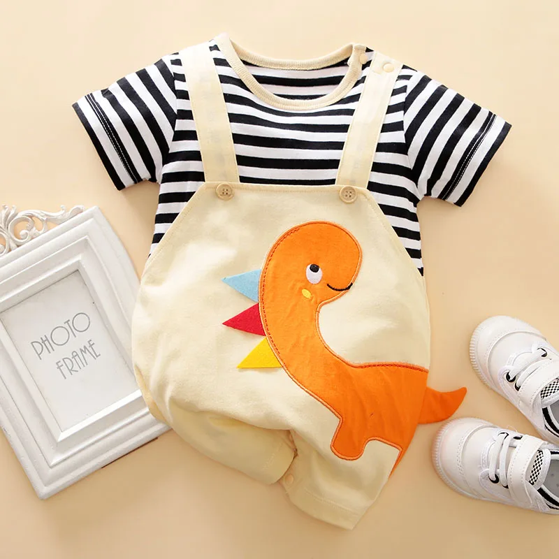 Summer Boys And Girls Cute Cartoon Strap Dinosaur 3d Printed Cotton Comfortable Casual Short Sleeve Baby Bodysuit