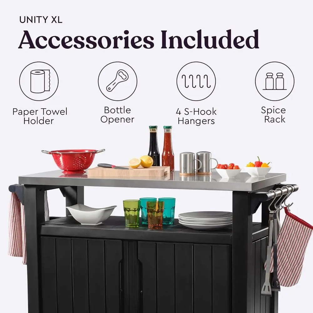 Portable Outdoor Kitchen Prep Table with Stainless Steel Top and Storage Cabinet for Grilling, Dark Grey