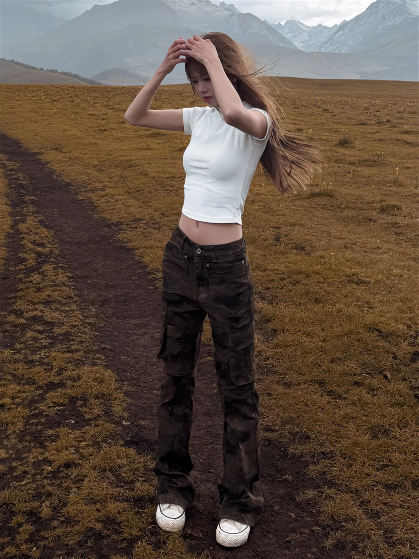 

Винтажные камуфляжные джинсы в американском стиле с низкой талией, расклешенные, женские, модные, повседневные, из хлопкового денима, с эффектом похудения