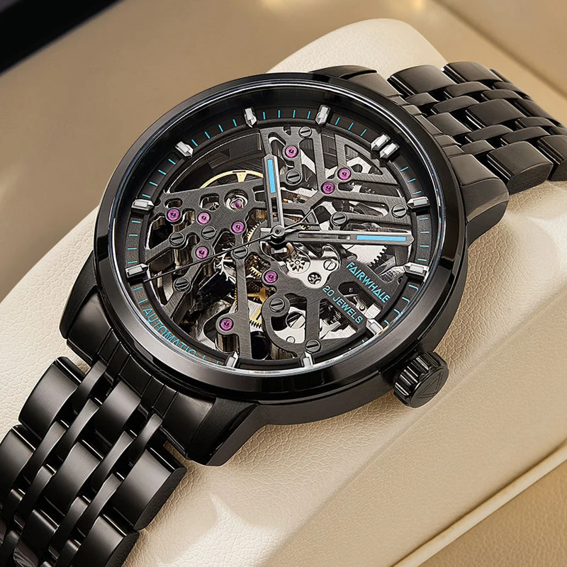 

Мужские механические часы Fairwhale, высококачественный водонепроницаемый скелетонированный дизайн из нержавеющей стали с роскошным турбийоном