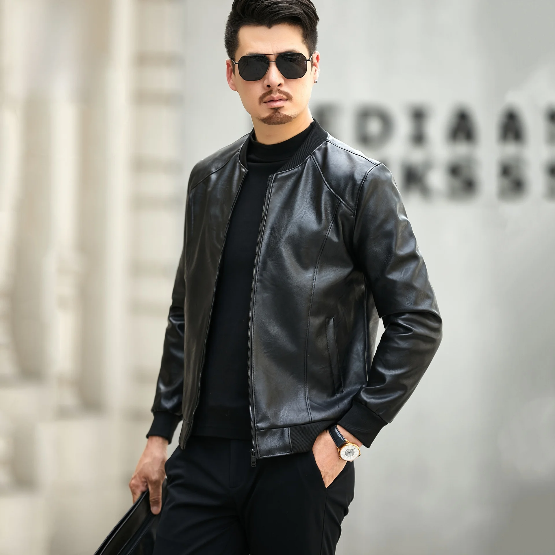 

Leather Jaet Men's Autumn Winter Stand Collar Biker Slim Fit Baseball Collar Flight PU Motorcycle Casual Long Polyester Fiber