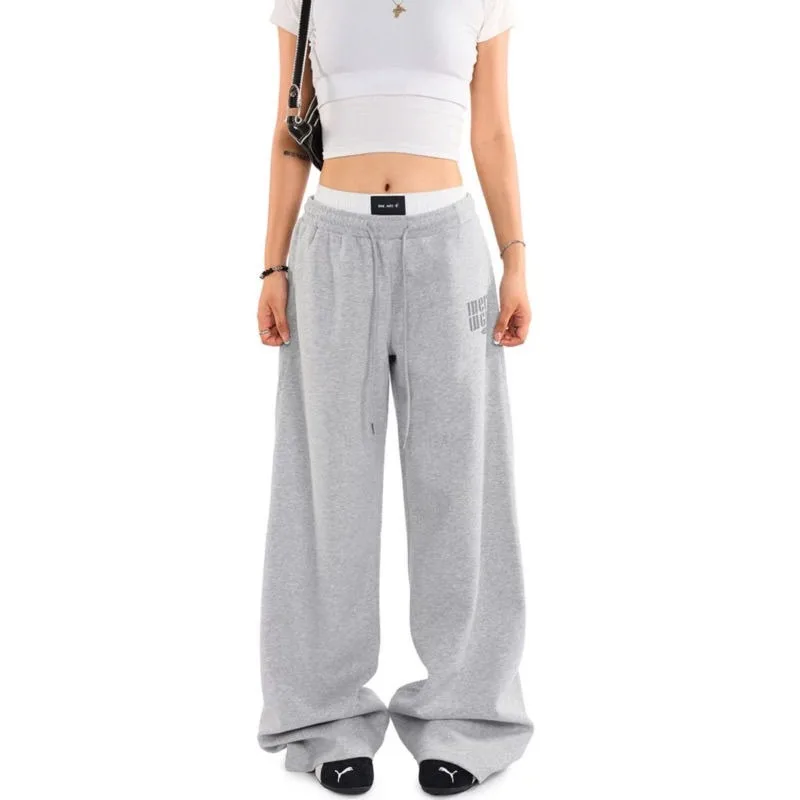 QWEEK Baggy Casual Grey Sweatpants Woman Sports America Hip Hop Wide Leg Pants Korean Fashion Joggers Letter Print Trousers