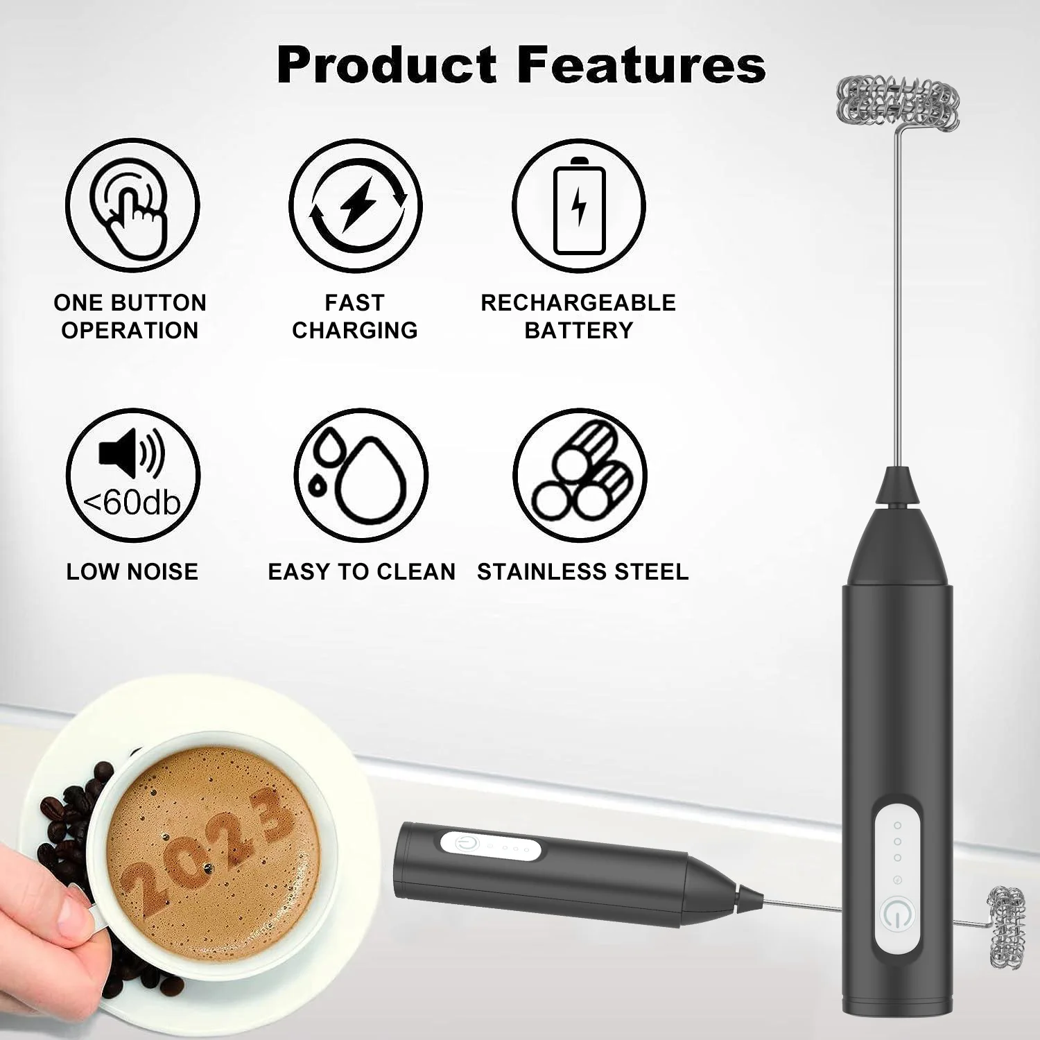 Mini USB recarregável leite Frother, Máquina de espuma Batedor de café Liquidificador elétrico, Batedor de ovos, Misturador de 3 velocidades