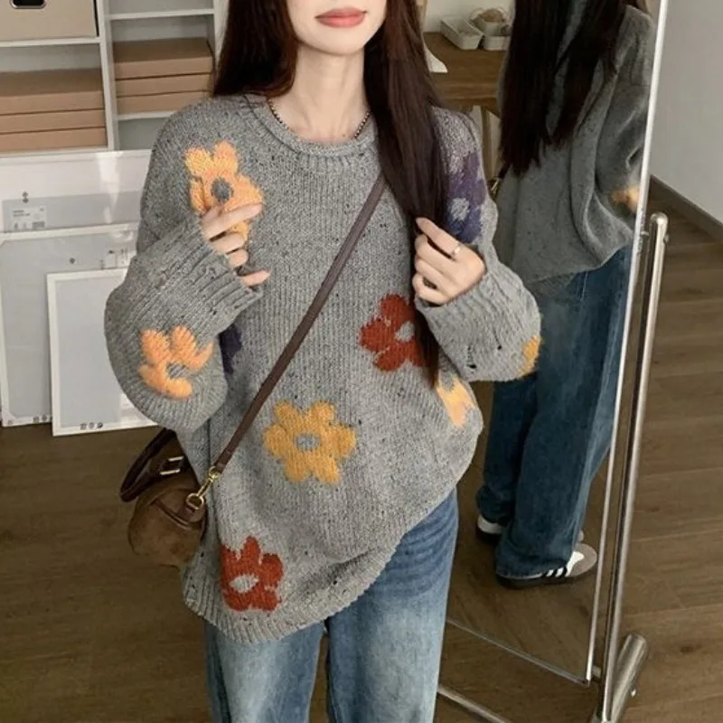 Women\'s Pullover Embroidery Printing Round Neck Solid Sweater Autumn and Winter Korean Young Style Long Sleeve Loose Knit Tops