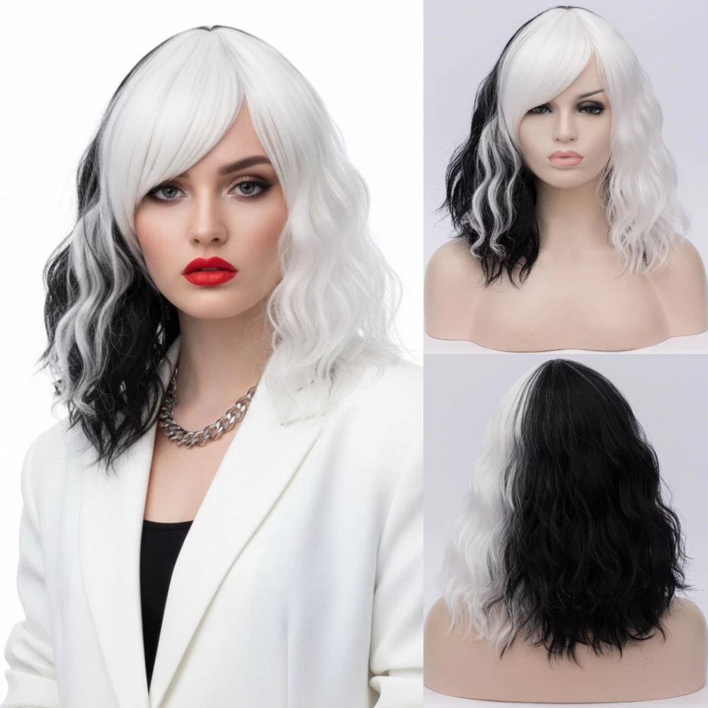 

Парики MSIWIGS для женщин для косплея, черно-белые Волнистые Короткие синтетические парики, фиолетовые радужные термостойкие