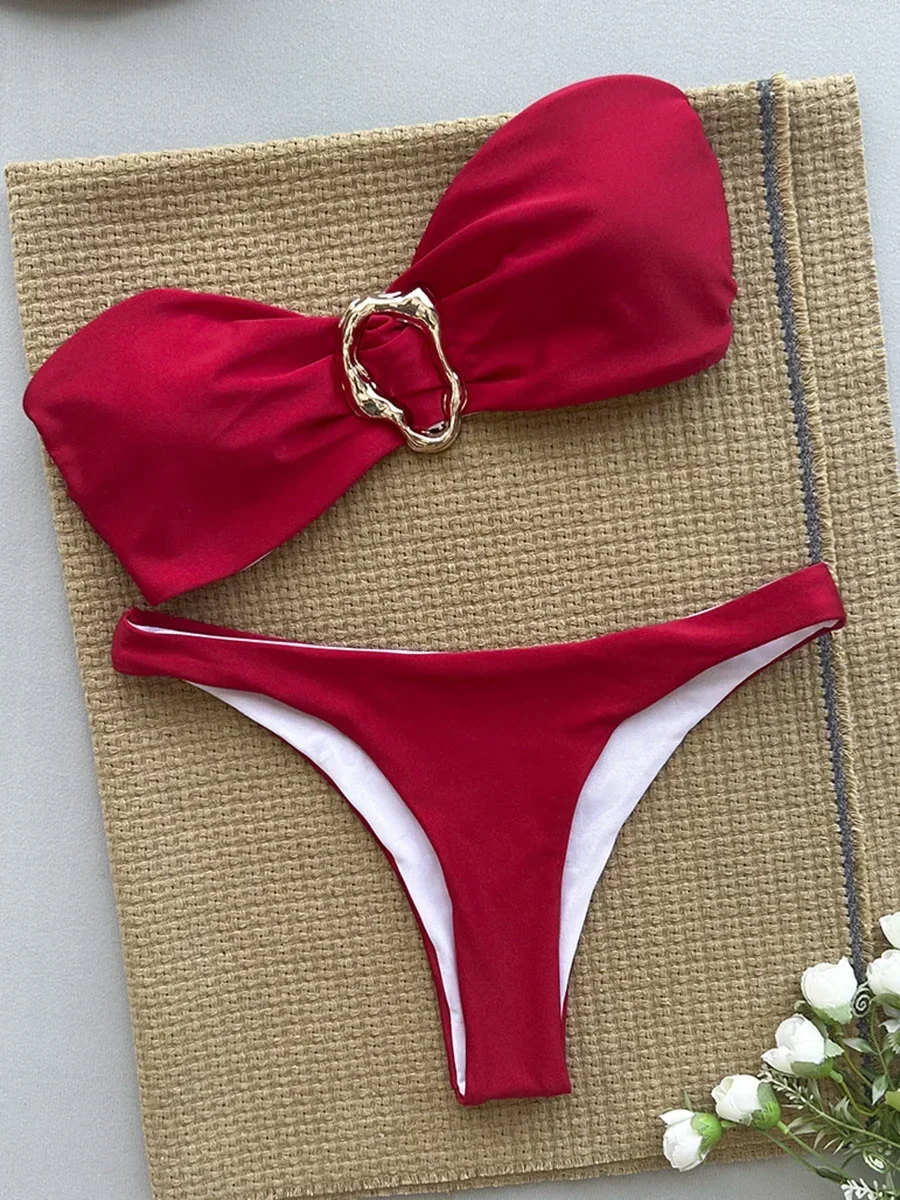 XS - L Metallring Bandeau Bikini Damen Bademode Damen Badeanzug Zweiteiliges Bikini-Set Brasilianischer High Cut Badeanzug Swim Lady