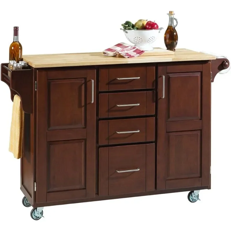 

Home Styles Mobile Create-a-Cart Cherry Finish Two Door Cabinet Kitchen Cart with Natural Wood Top, Adjustable Shelving