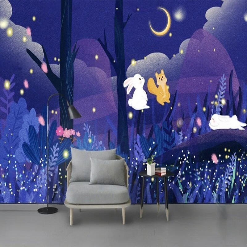 

Modern dreamy moonlight forest flower Little rabbit children's room custom TV Luxurious home decoration background wall