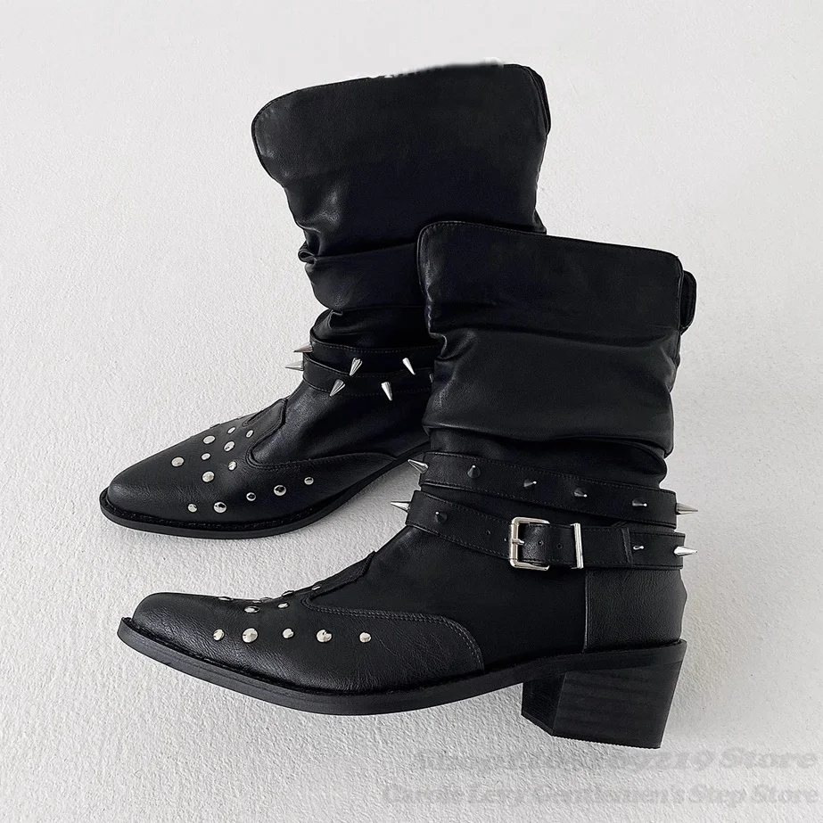 

Rivets Embellished Leather Thick Heel Men Western Short Boots Pointed Toe Buckle Strap Punk Style Slim Appearance Pile Boots