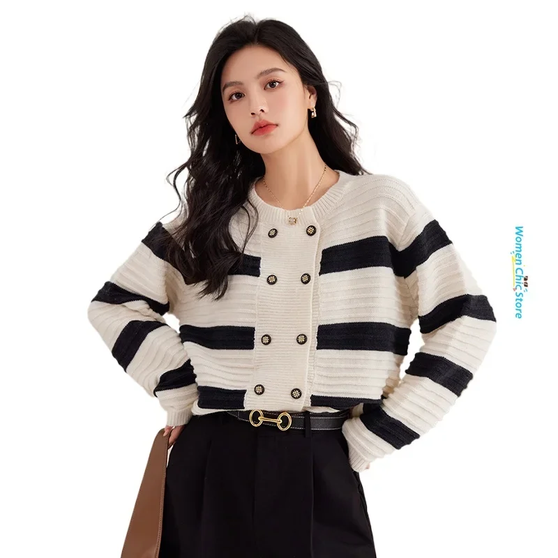 

French Style Elegant Double Breasted Long Sleeve Knitted Stripe Sweater Cardigan Coat Autumn Winter Women Tops Knitwear C3105