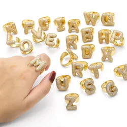 Fashion Vintage 26 A-Z Letter Rings Men and Women Micro-inlaid Zircon Trend Gold Plated Irregular Party Jewelry Gifts