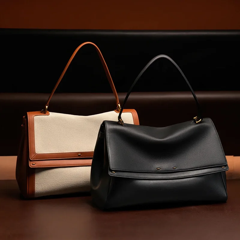 2025 New Backpack Leather Commuter Tote Bag Single Shoulder Underarm Bag Fashion Versatile  Bucket Bag Canvas Splicing for Women