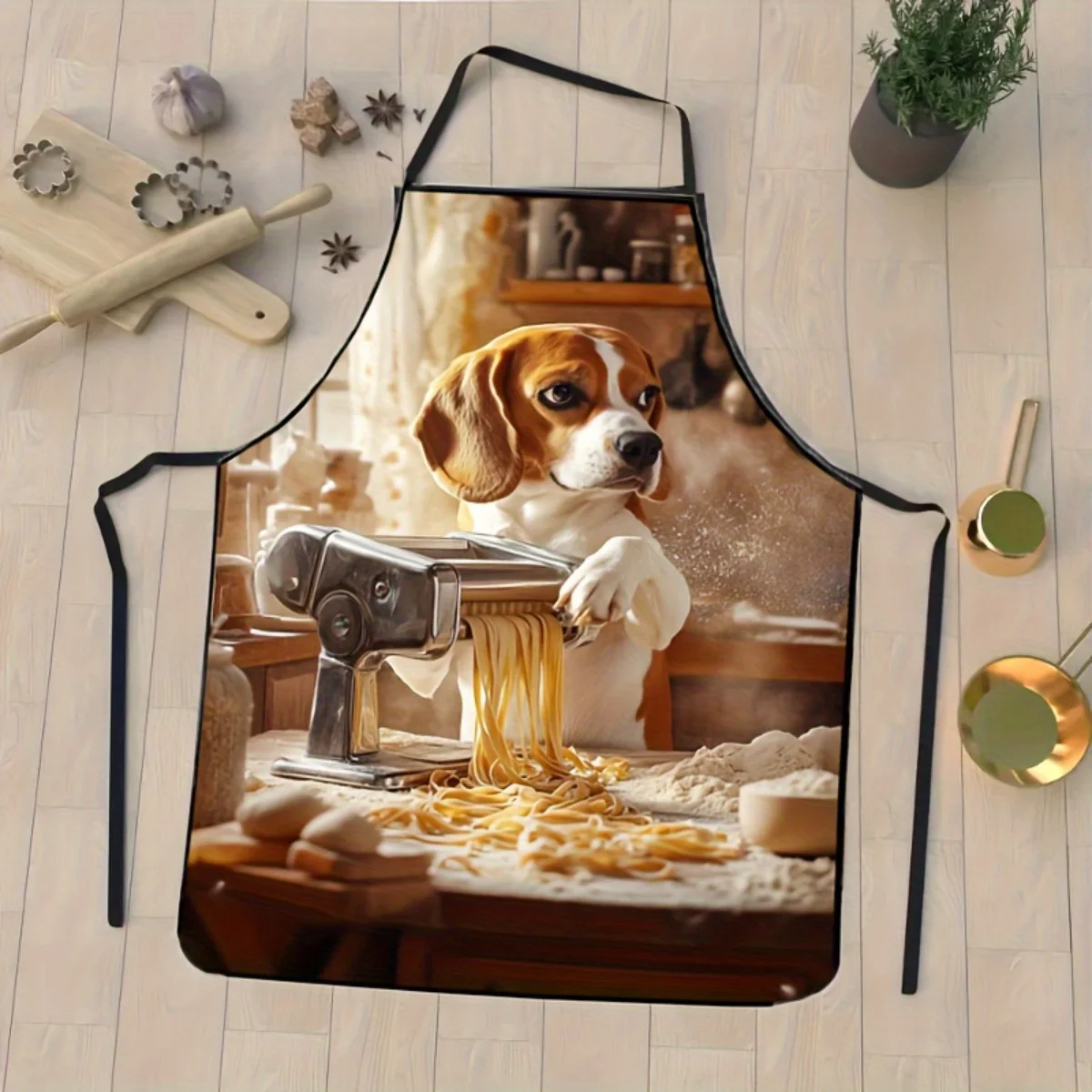Cute Beagle Dog Making Pasta Apron - Funny Animal Chef Graphic Linen Bib for Men Women Kitchen Cooking Baking Gift Decor